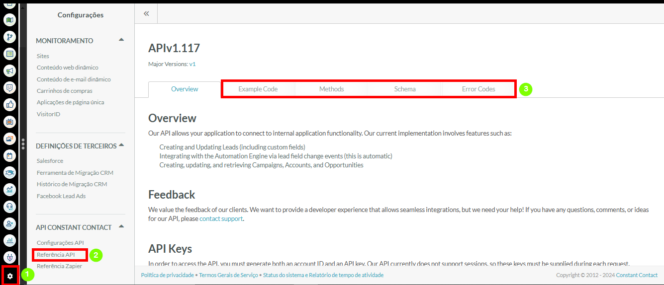 Página de Configurações da Referência da API