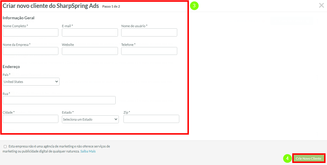 Clique Criar Novo Cliente