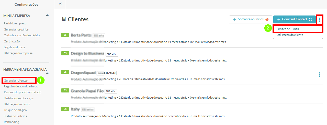 Clique em Opções e depois Editar Limites de E-mail