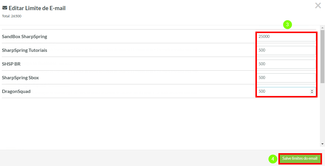 Clique em Salvar Limites de E-mail