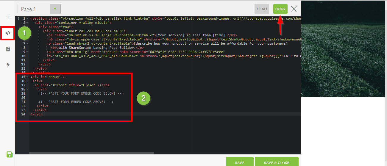 Adicionar código do formulário pop-up ao corpo