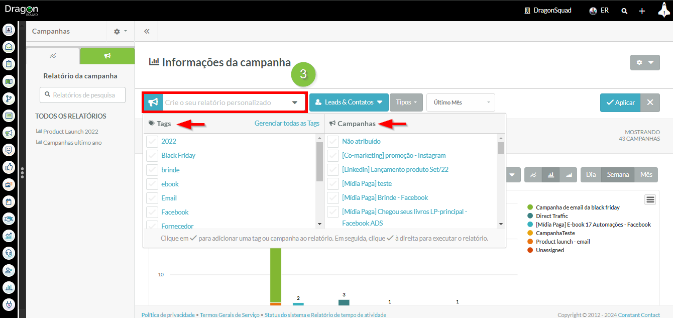 Selecionar tags e campanhas