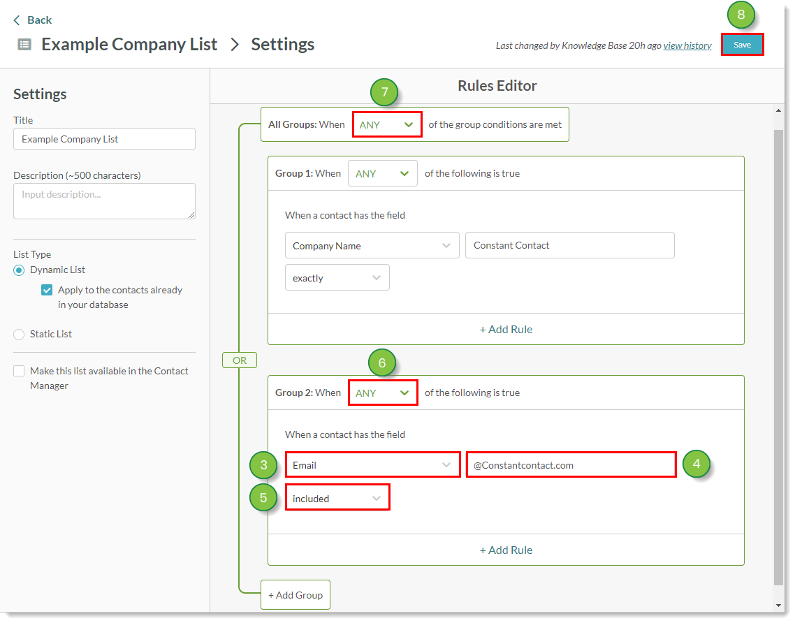 Configurações da lista