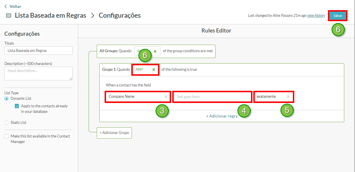 Configurações da regra da lista