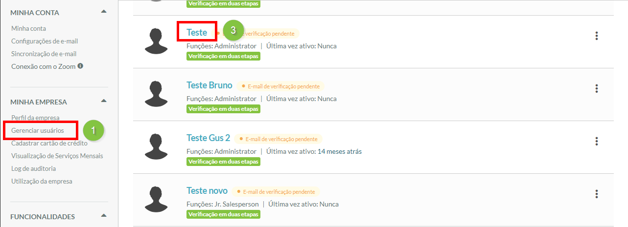 Clique no nome do usuário