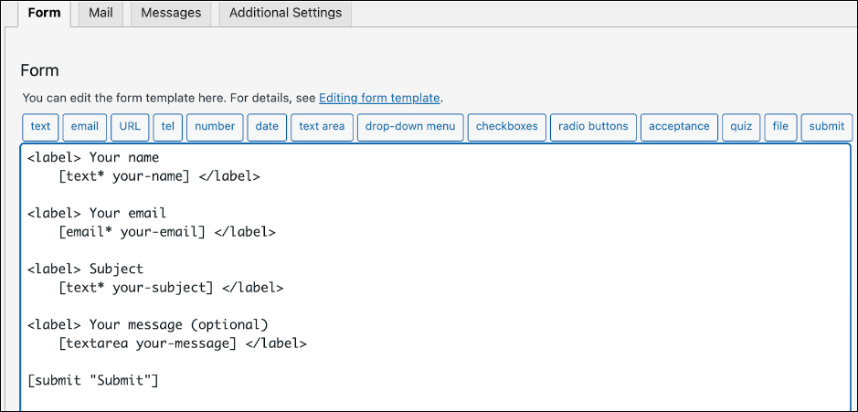 Exemplo de Campos do Contact Form 7