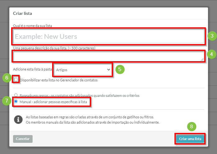 Configurações da lista manual