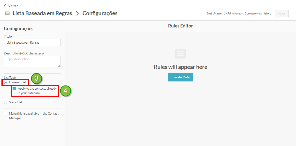 Configurações da lista