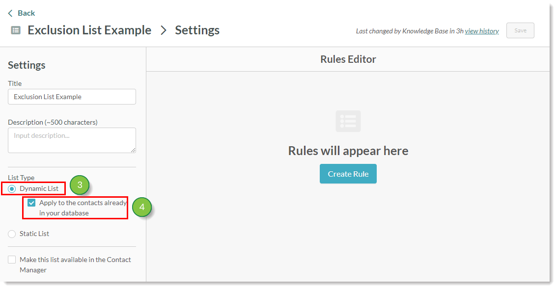 Configurações da lista