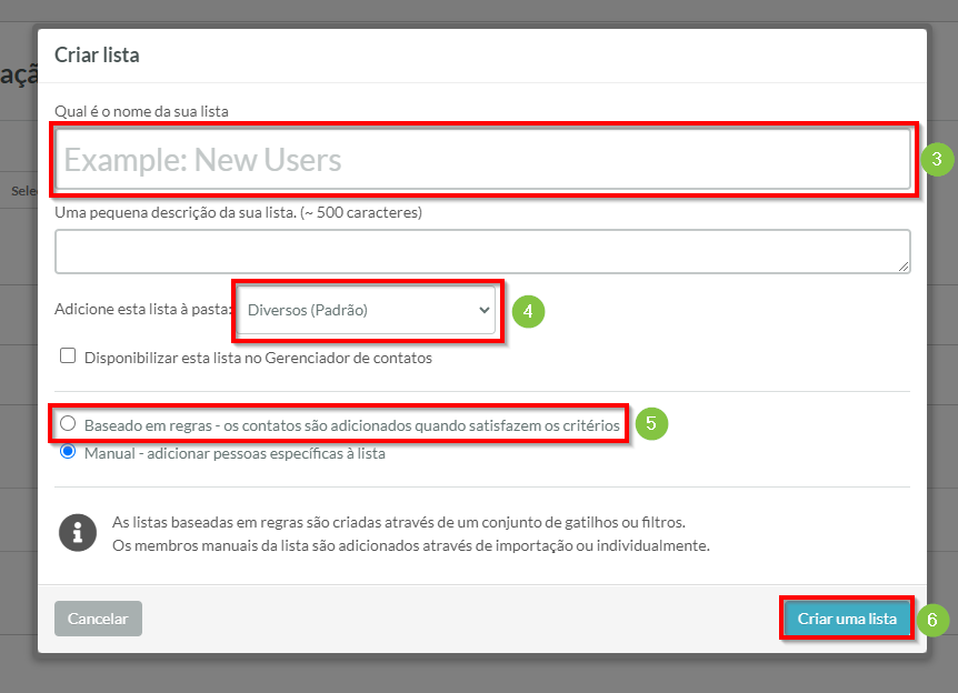 Configurações da Lista Baseada em Regras