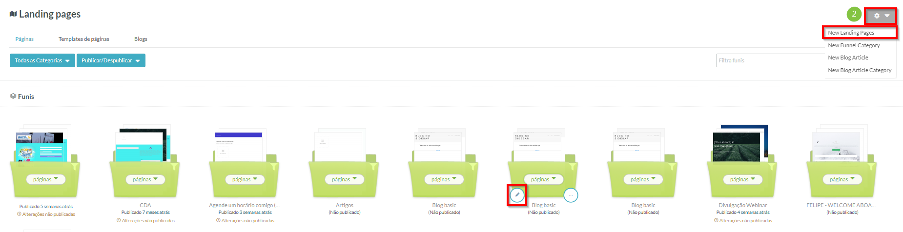 Criar ou editar uma página de destino