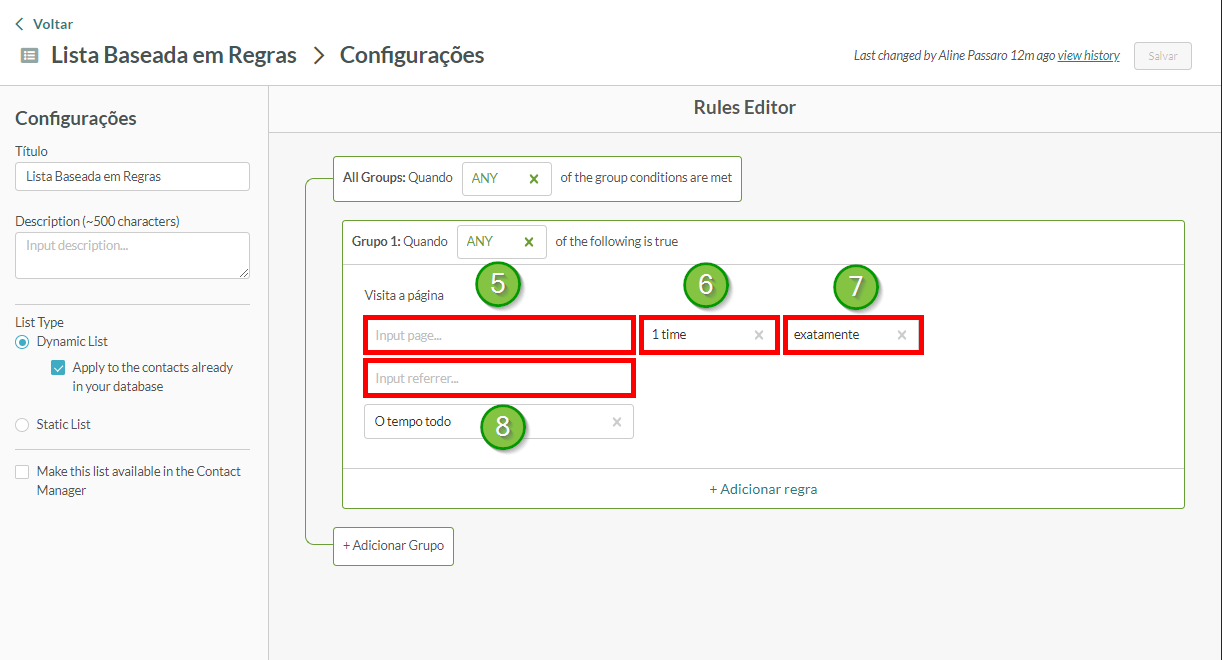 Configurações da regra