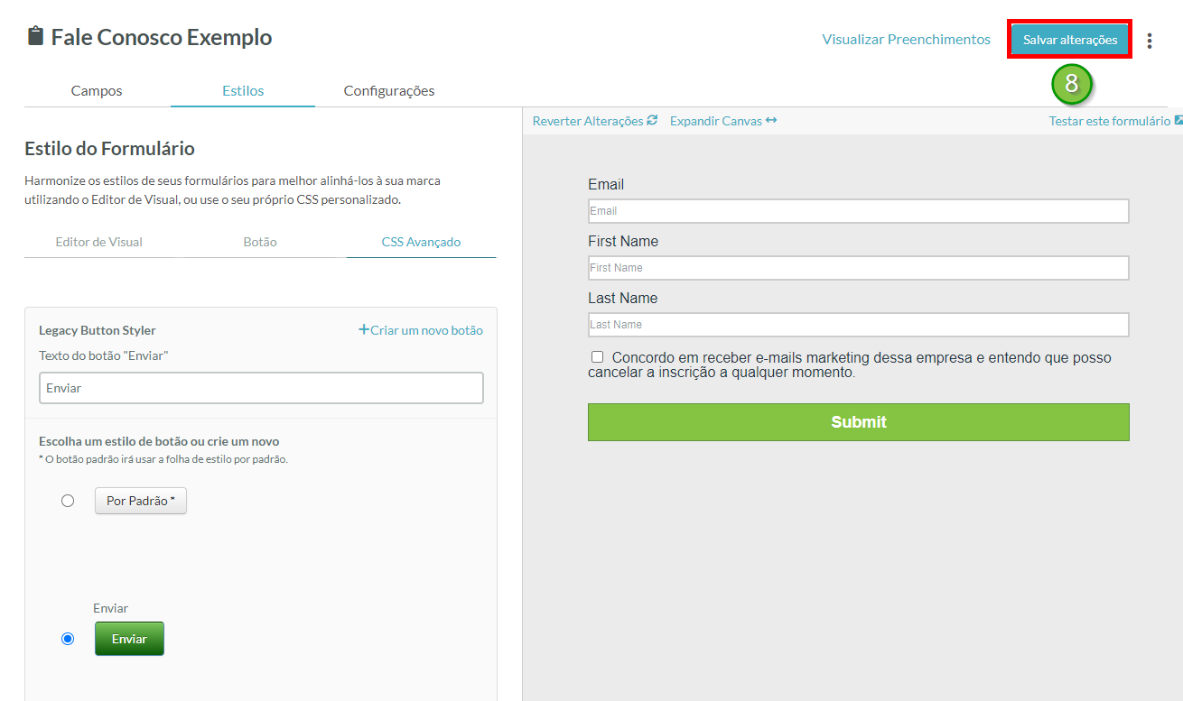 Selecione o botão personalizado e salve o formulário