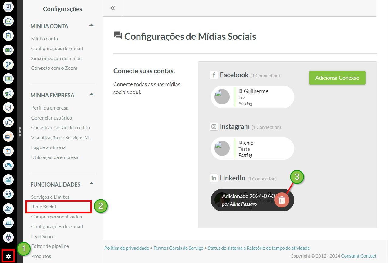 Excluir conexão do Facebook