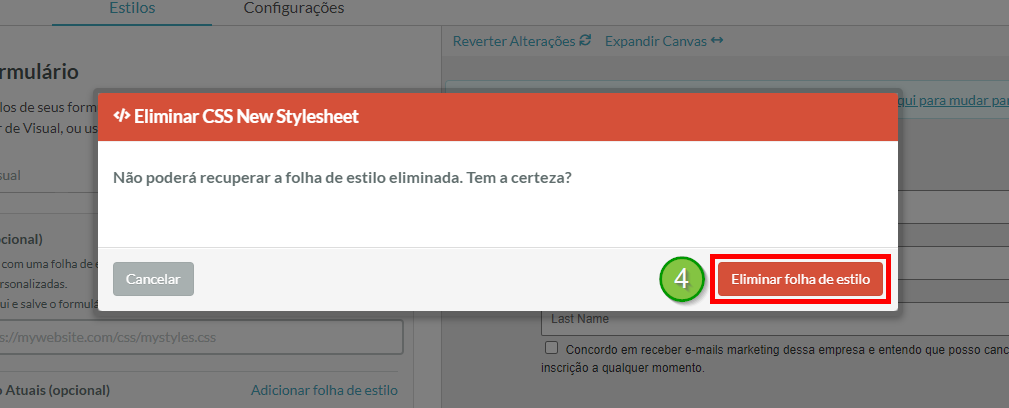 Confirmação de exclusão da folha de estilo