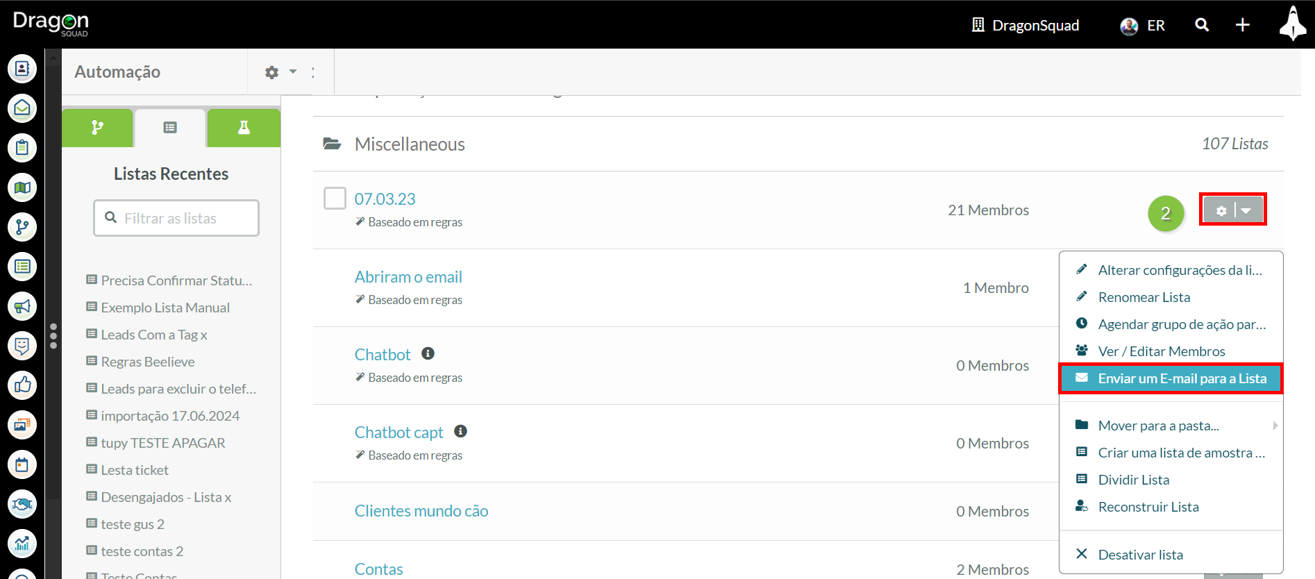 Excluindo listas das Configurações de Email