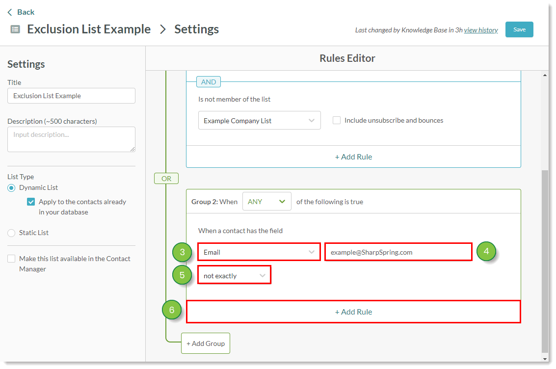 Configurações da regra da lista