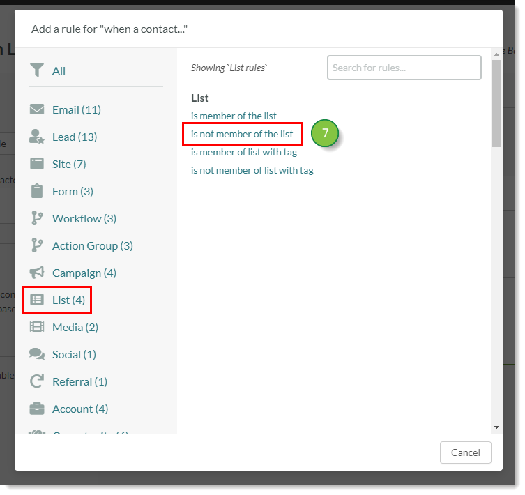 Opções de regra da lista
