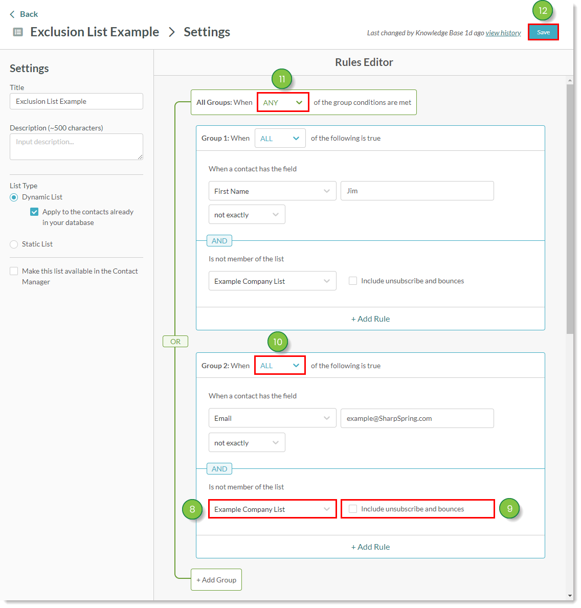 Configurações da regra da lista