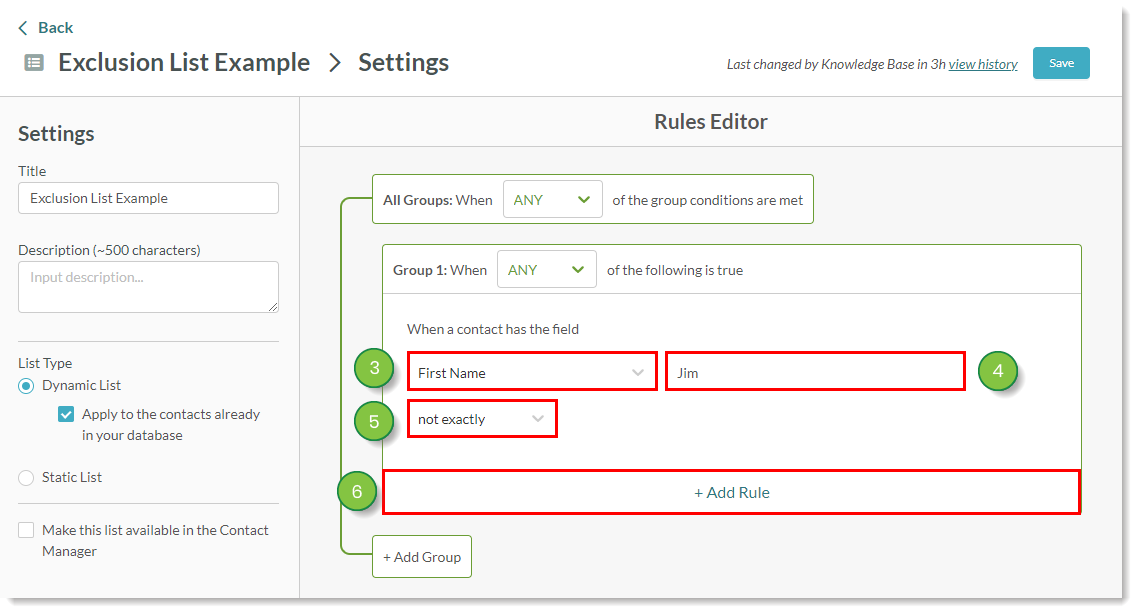 Configurações da regra