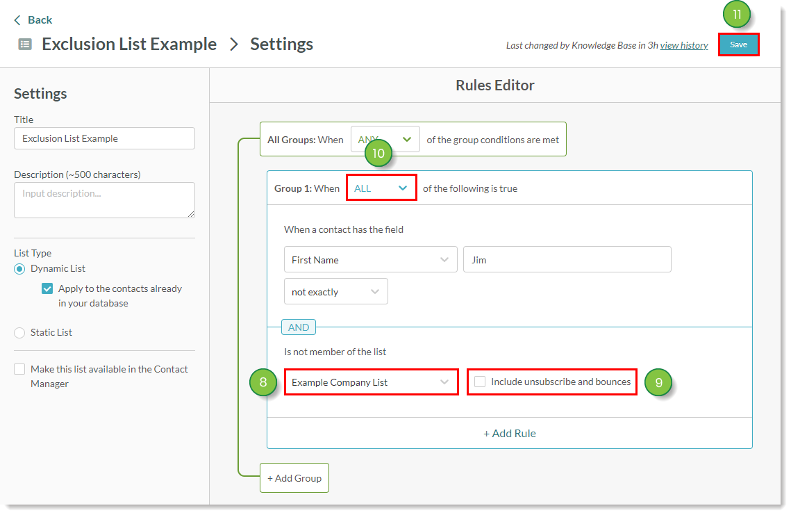 Configurações da regra
