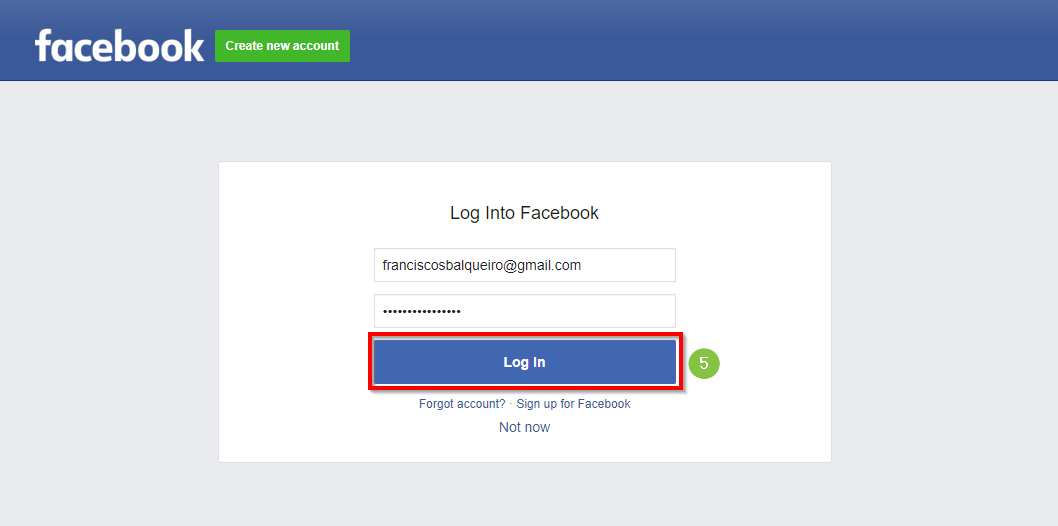 Faça login na sua conta do facebook
