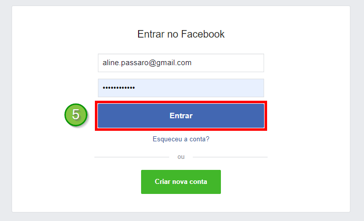 Faça login na sua conta do facebook