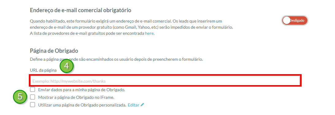 Configurações do Formulário URL da página de agradecimento