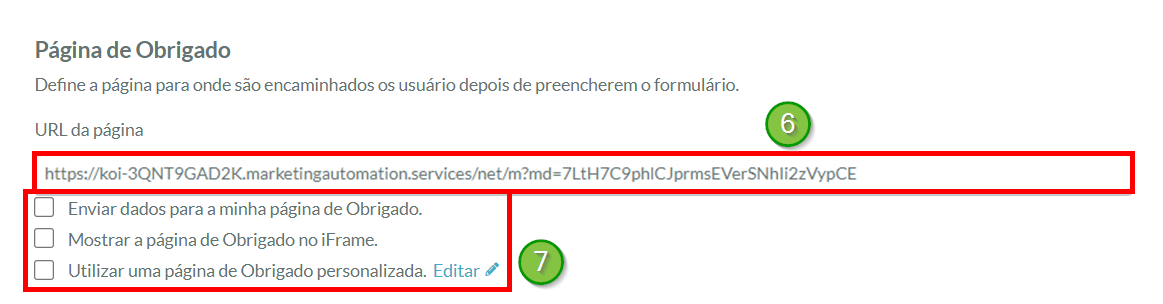 URL da Página de Agradecimento