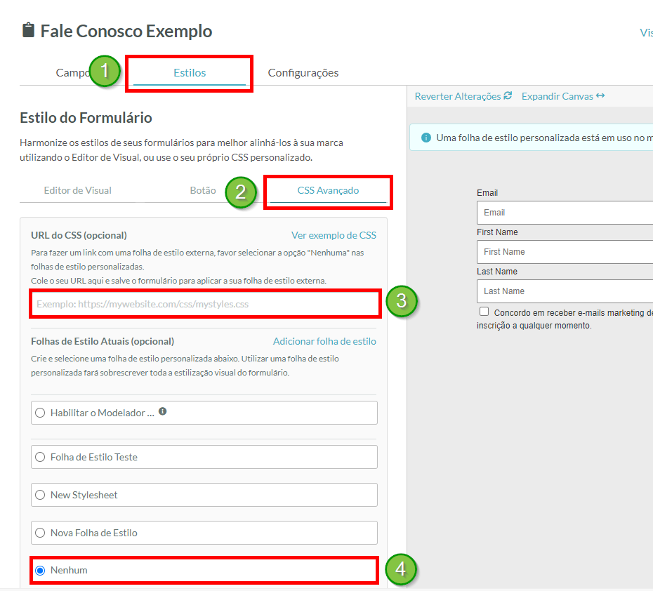 Cole a URL CSS externa e selecione Nenhum para a folha de estilo atual