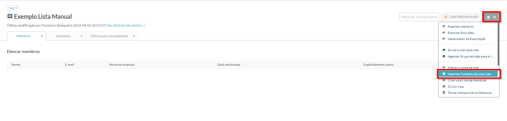 Configurações da lista
