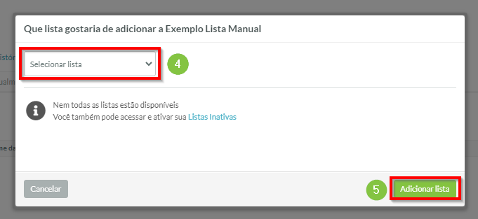 Opções de importação de lista