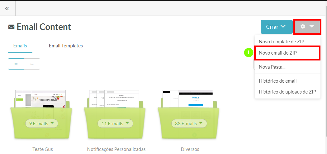 Clique em opções e selecione Novo Email a partir de Zip