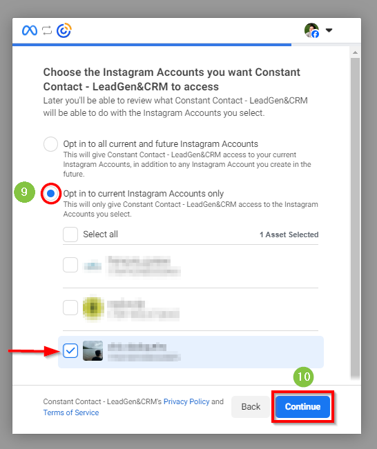 Selecionar contas do Instagram para optar