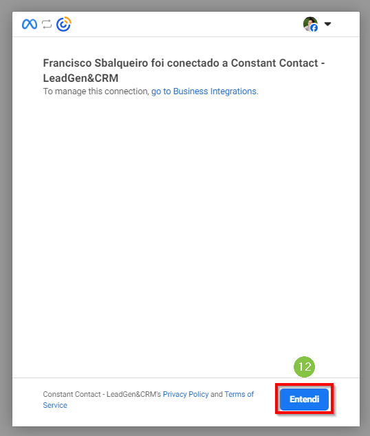 Confirmação de Instagram Conectado