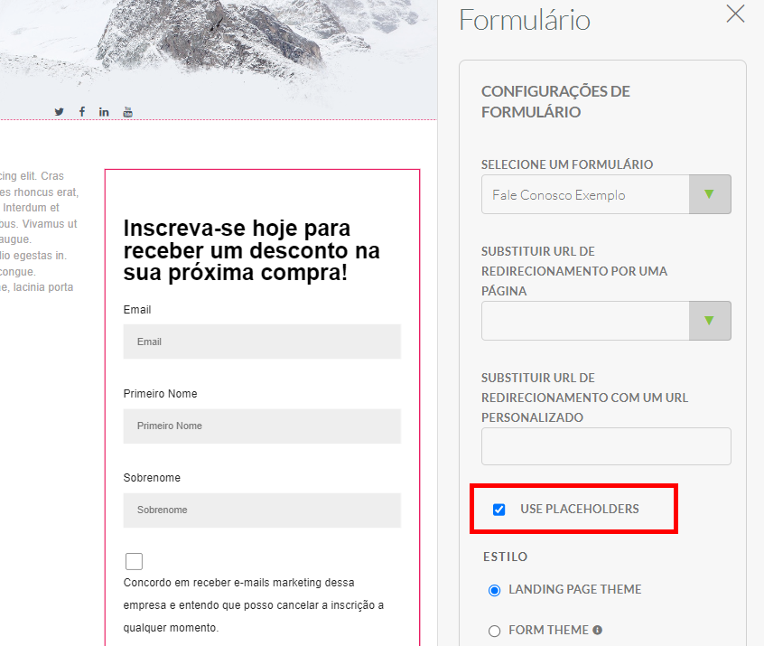 Exibir exemplos para um formulário em uma página de destino