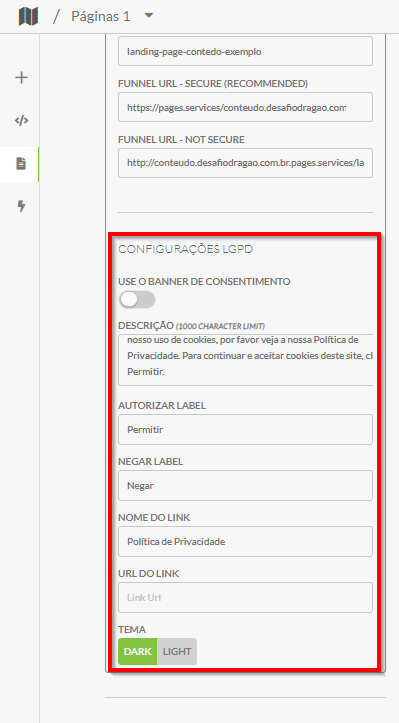 Configurações de GDPR da Página de Destino