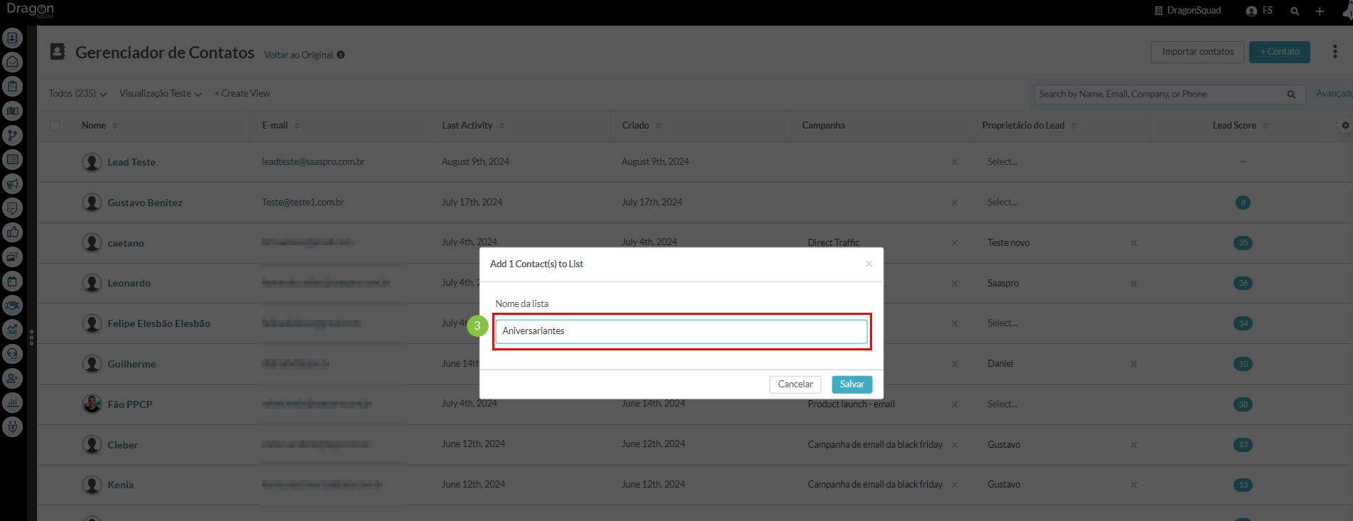 Adicionando contatos a uma lista manualmente