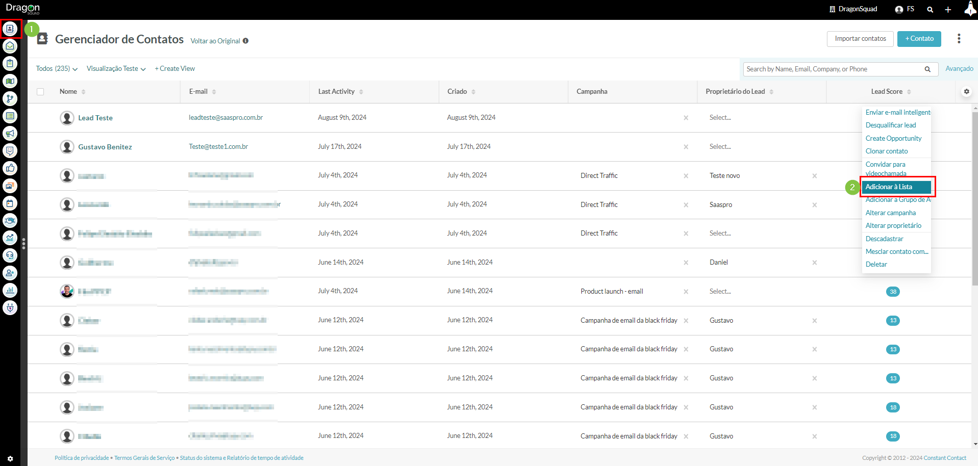 Adicionando contatos a uma lista manualmente