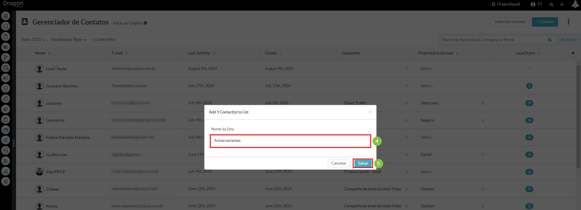 Adicionando contatos a uma lista manualmente