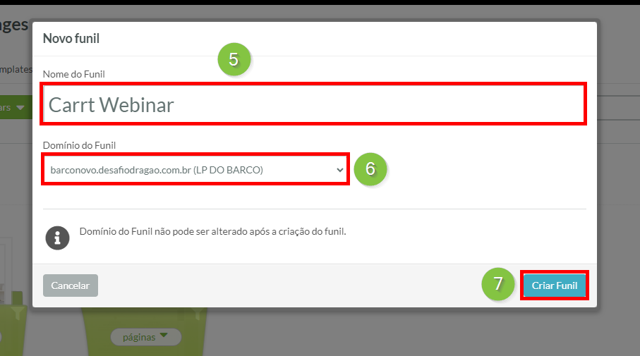 Digite Nome e Domínio do Novo Funil