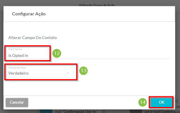 Opções de ação de campo de contato