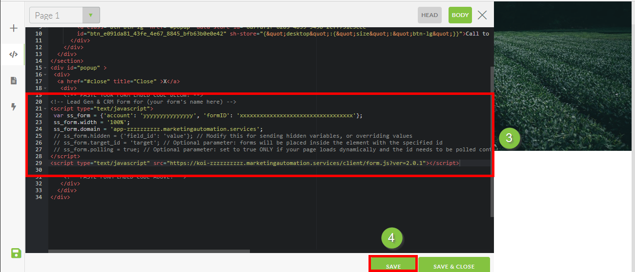 Adicionar código de incorporação do formulário e salvar