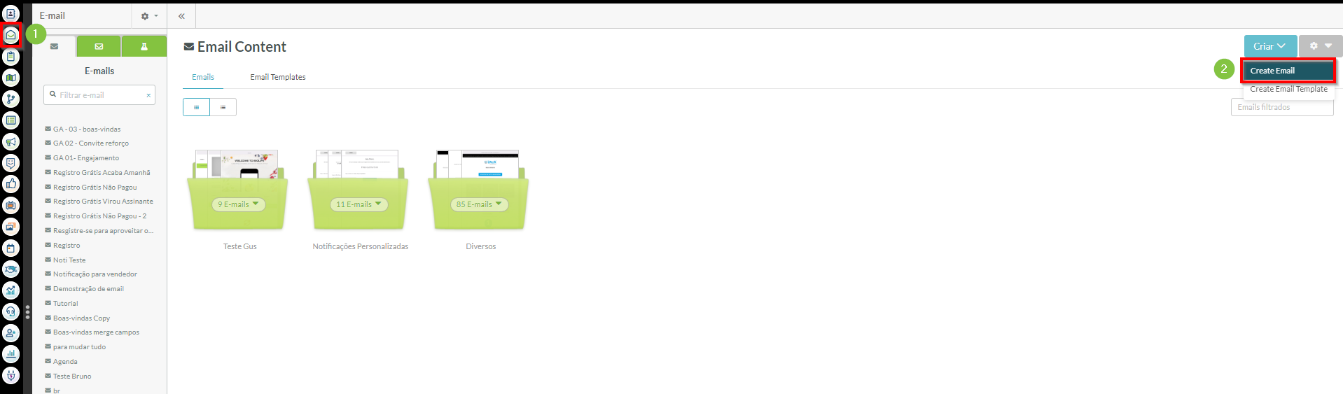 Na página de e-mail, crie ou edite um e-mail