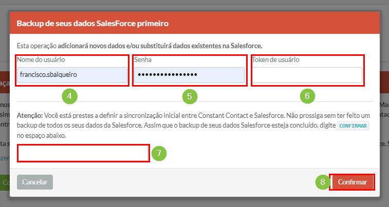 Inserir Nome de Usuário, senha e token do Salesforce