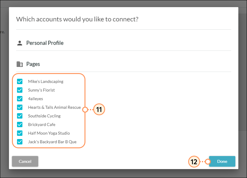 Selecionar páginas do Facebook para conectar ao Lead Gen & CRM