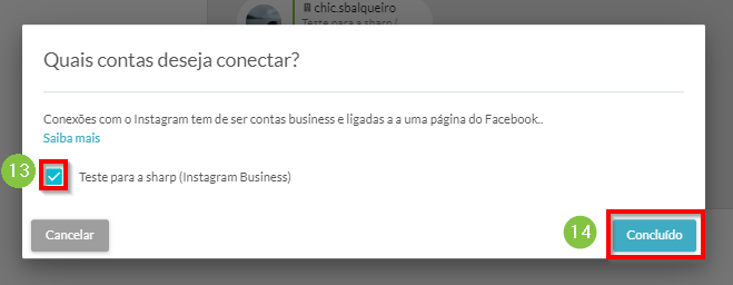 Selecionar conta comercial do Instagram para conectar