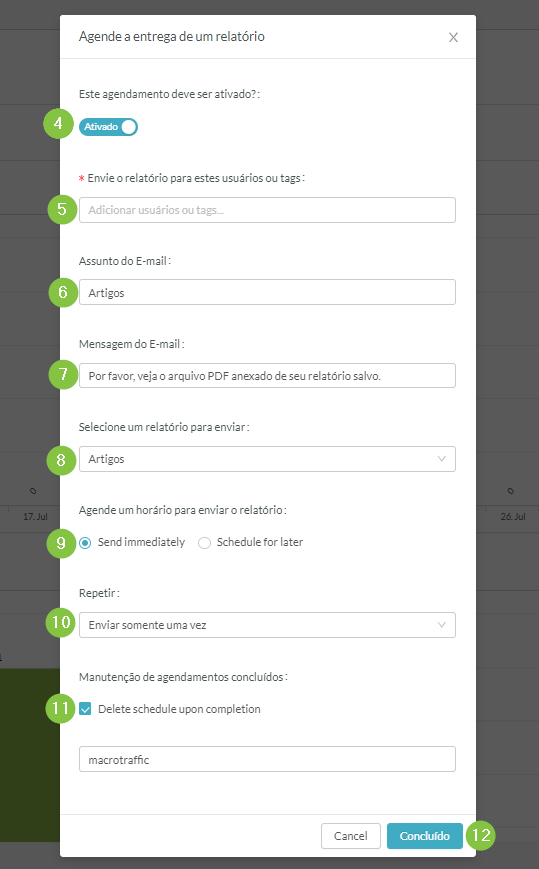 Escolher configurações para relatório de fontes de tráfego agendado