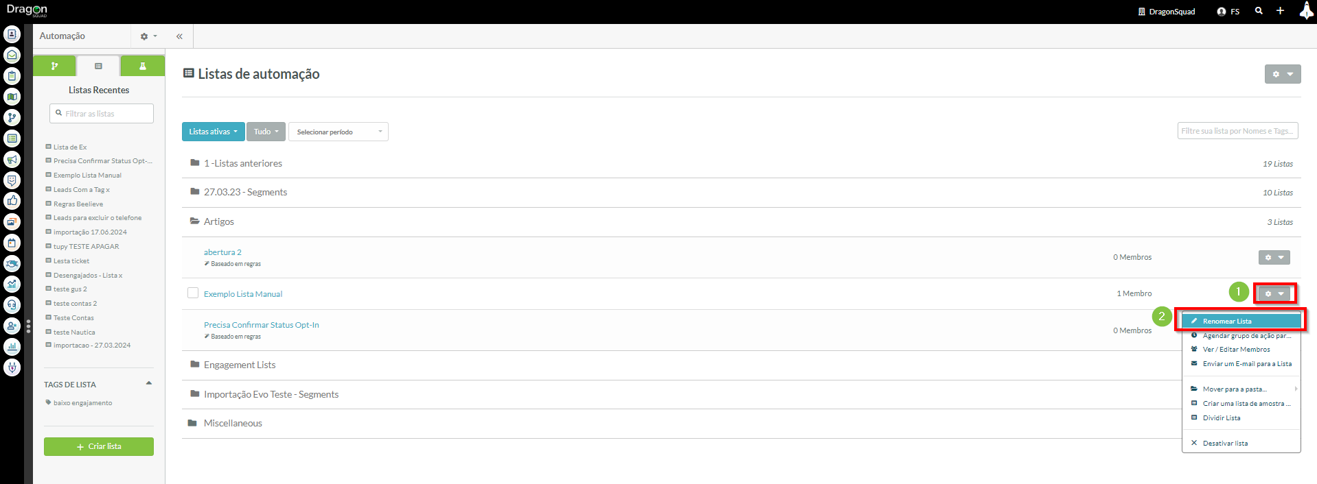 Configurações da Lista Manual