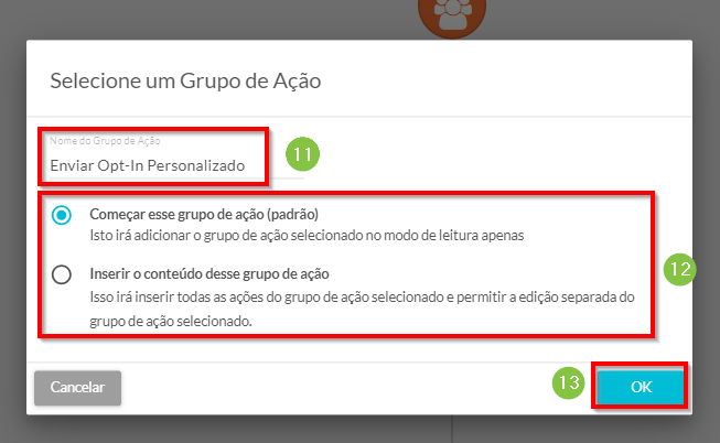 Configurações do grupo de ação